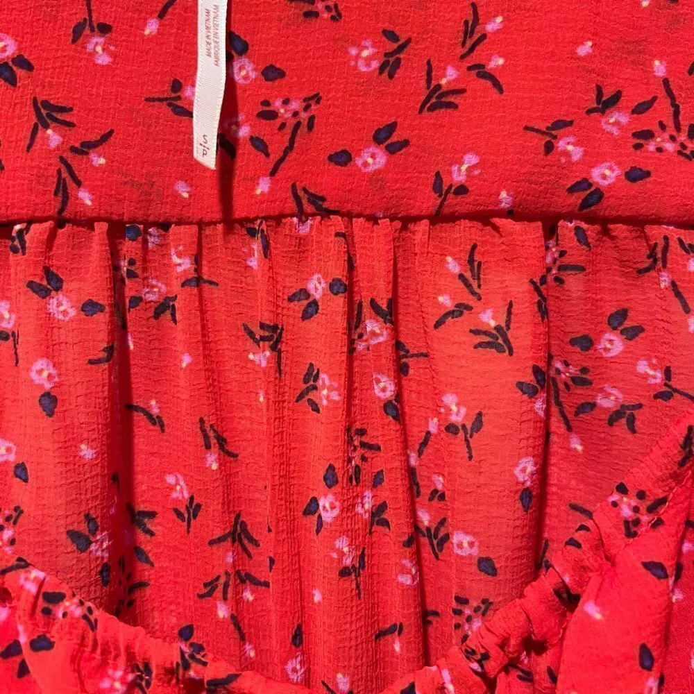 Free People Red rose Floral milk maid blouse balloon sleeves fringe cropped Sm